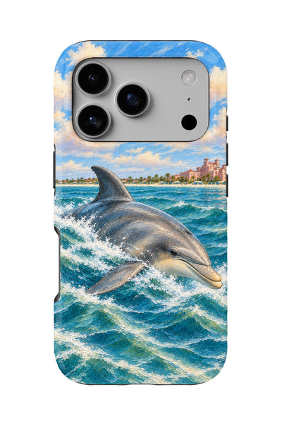 Pass-a-Grille Dolphin Swim tough phone case, back view on white