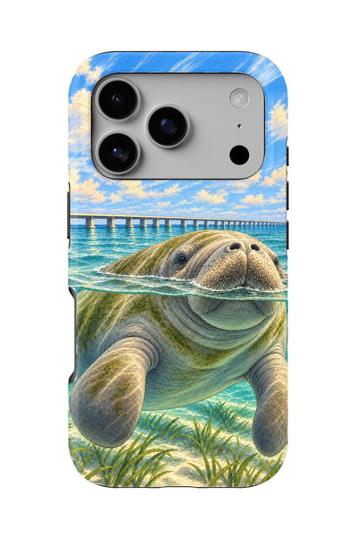 Seven Mile Bridge Manatee tough phone case, back view on white