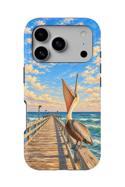 Venice Pelican Sky Gulp tough phone case, back view on white