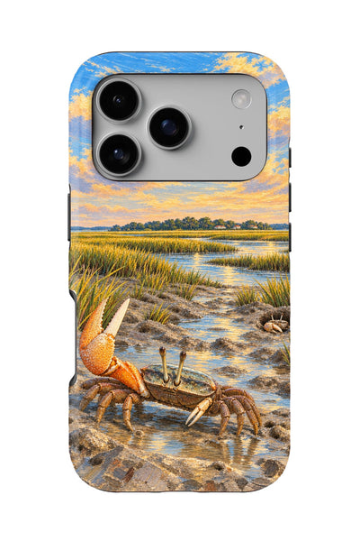 Lowcountry Fiddler Crab tough phone case, back view on white