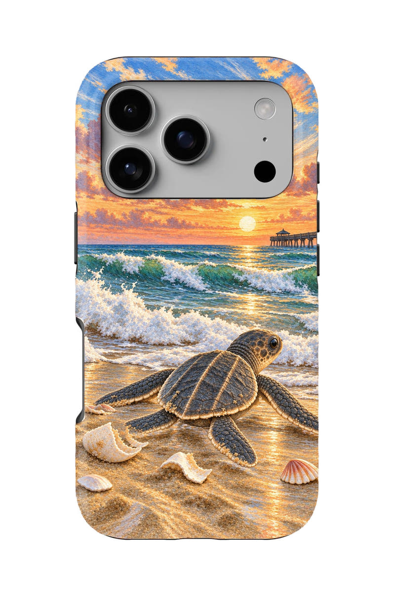 Juno Beach Hatchling's First Crawl tough phone case, back view on white