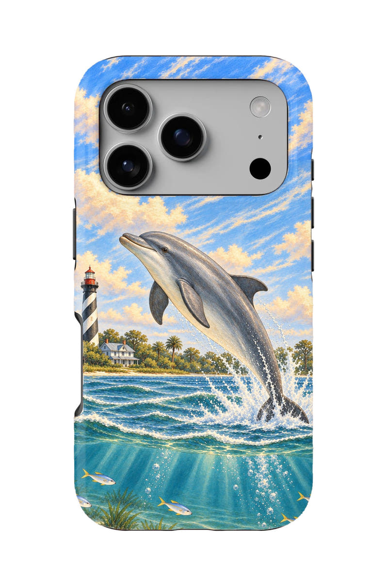 St. Augustine Lighthouse Dolphin tough phone case, back view on white