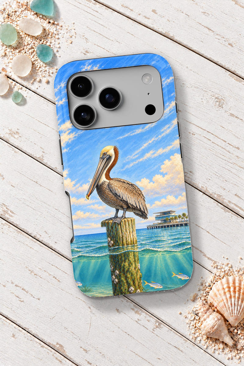 St. Pete Pier Pelican Perch tough phone case on a white wooden table