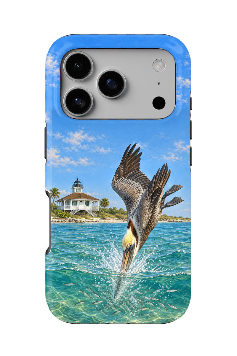 Boca Grande Pelican Dive tough phone case, back view on white