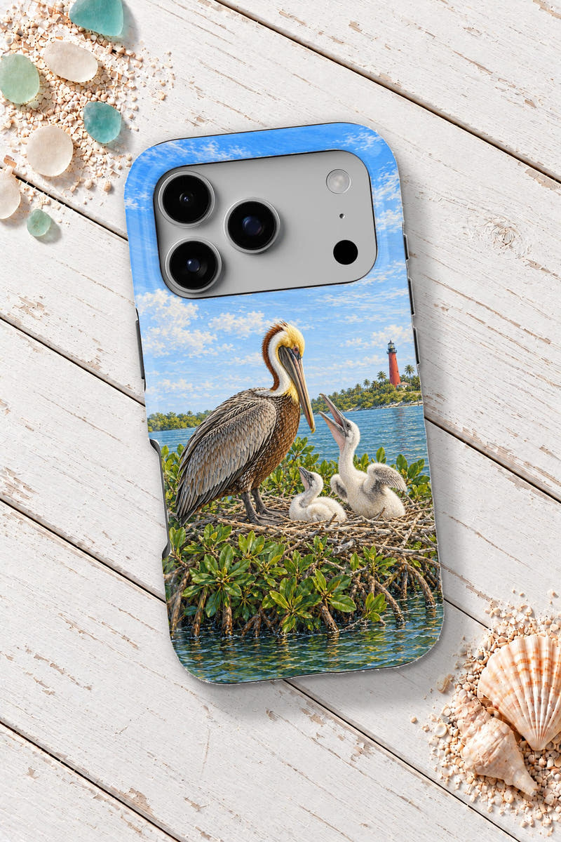 Jupiter Inlet Pelican Nest tough phone case on a white wooden table