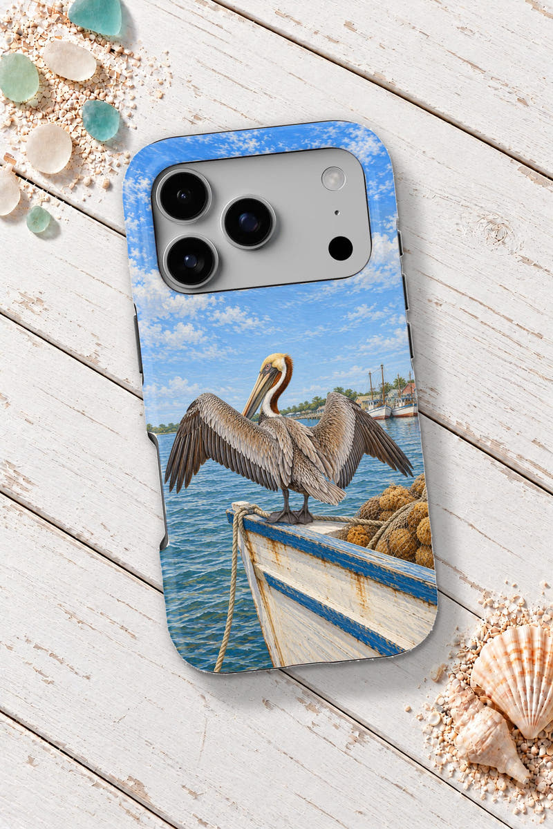 Tarpon Springs Pelican Sunning tough phone case on a white wooden table
