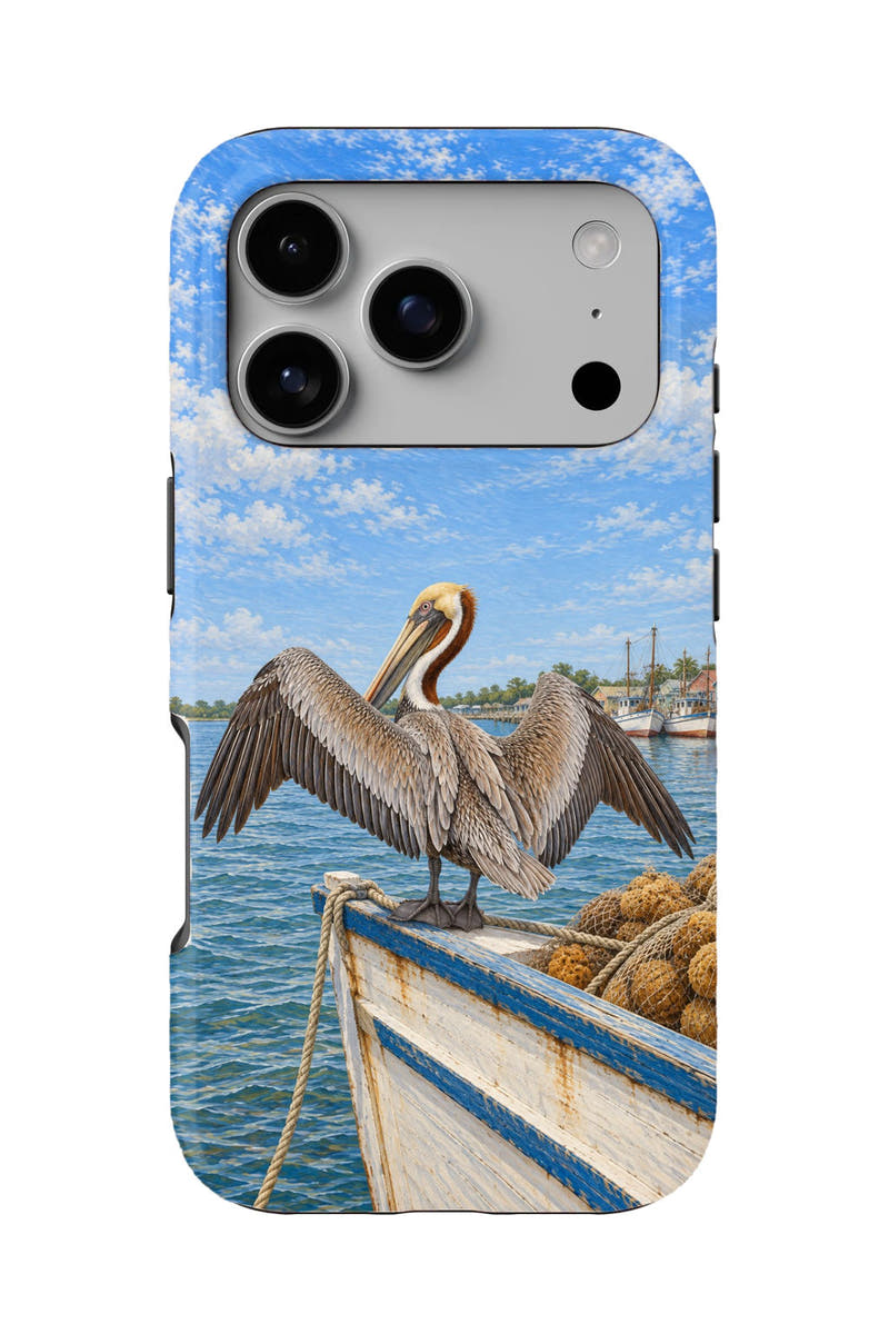 Tarpon Springs Pelican Sunning tough phone case, back view on white
