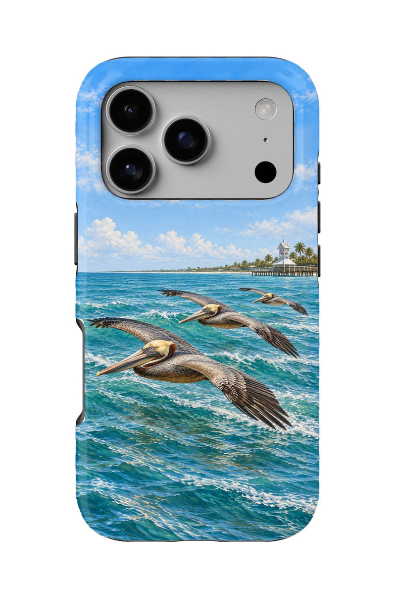 Bradenton Beach Pelican Flight tough phone case, back view on white
