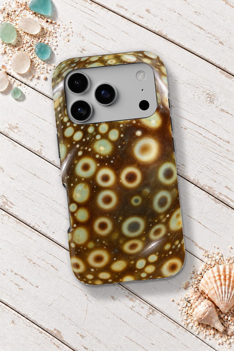 Keys Measled Cowrie tough phone case on a white wooden table