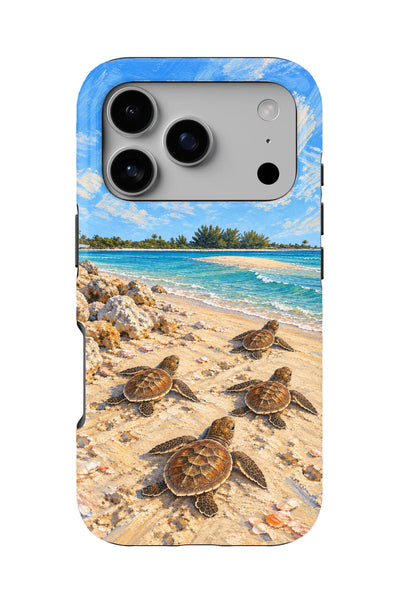 Sanibel Sea Turtle Hatchlings tough phone case, back view on white