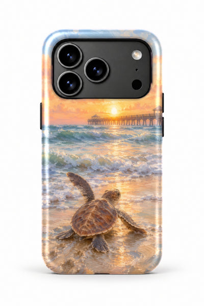Juno Pier Sea Turtle Sunrise tough phone case, back view on white