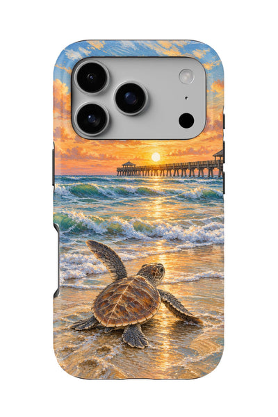 Juno Pier Sea Turtle Sunrise tough phone case, back view on white