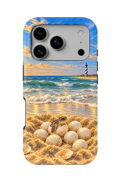Hatteras Sea Turtle Nest tough phone case, back view on white
