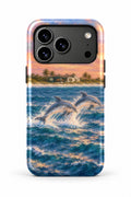 Captiva Dolphin Sunset Leap tough phone case, back view on white