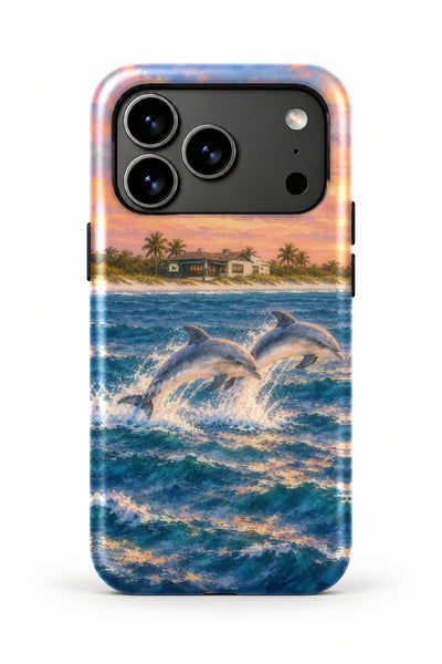 Captiva Dolphin Sunset Leap tough phone case, back view on white