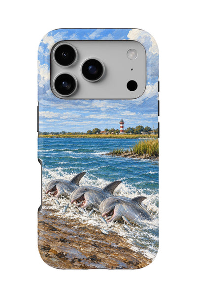 Hilton Head Dolphin Strand Feeding tough phone case, back view on white