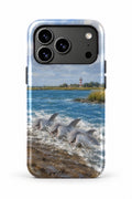 Hilton Head Dolphin Strand Feeding tough phone case, back view on white
