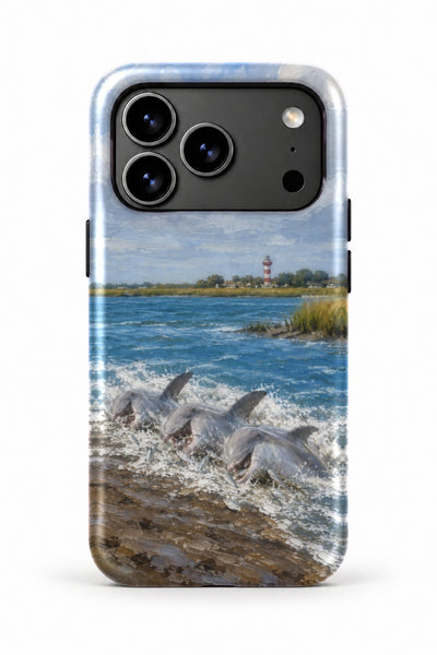 Hilton Head Dolphin Strand Feeding tough phone case, back view on white
