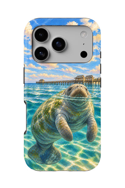 Naples Pier Manatee tough phone case, back view on white