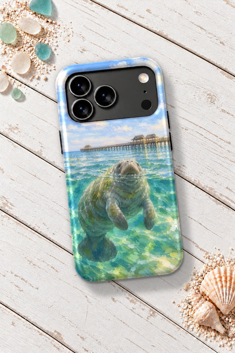 Naples Pier Manatee tough phone case on a white wooden table