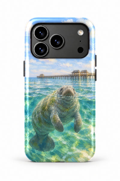 Naples Pier Manatee tough phone case, back view on white