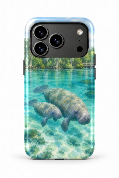 Crystal River Manatee Mama & Calf tough phone case, back view on white