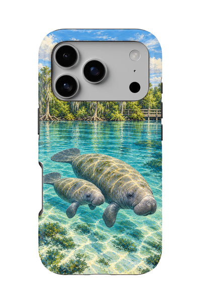Crystal River Manatee Mama & Calf tough phone case, back view on white