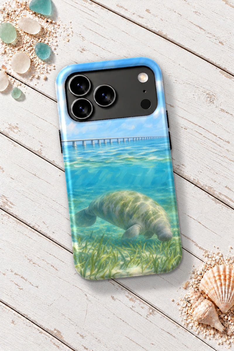 Seven Mile Bridge Manatee tough phone case on a white wooden table