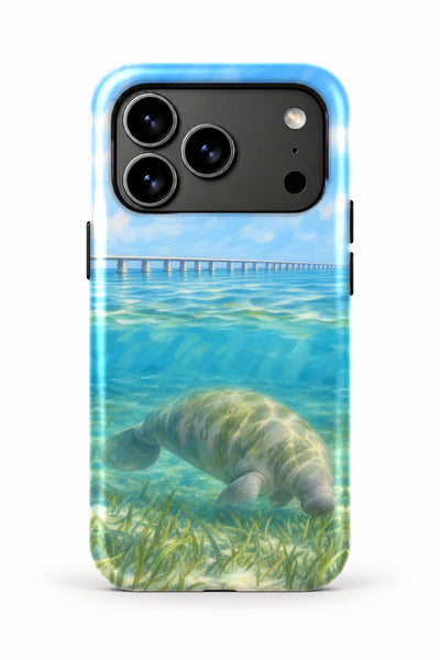 Seven Mile Bridge Manatee tough phone case, back view on white