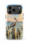 Cedar Key Pelican Perch tough phone case, back view on white