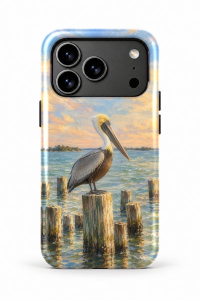 Cedar Key Pelican Perch tough phone case, back view on white