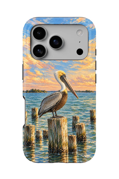 Cedar Key Pelican Perch tough phone case, back view on white