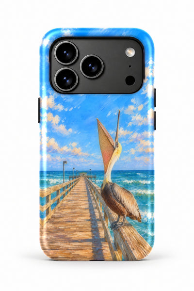 Venice Pelican Sky Gulp tough phone case, back view on white