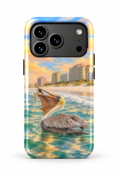 Gulf Shores Floating Pelican tough phone case, back view on white