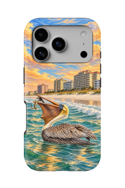 Gulf Shores Floating Pelican tough phone case, back view on white