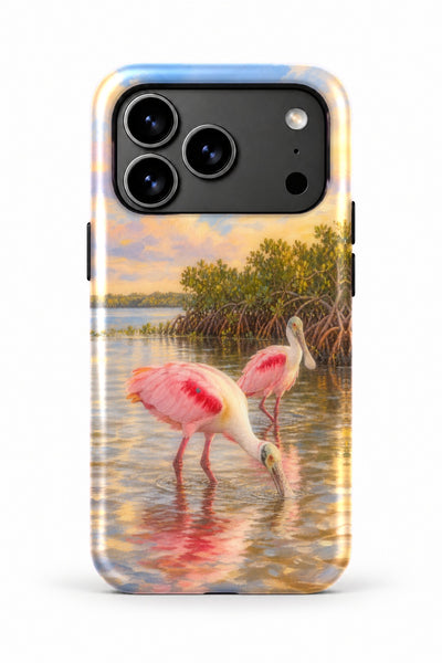 Ding Darling Roseate Spoonbills tough phone case, back view on white