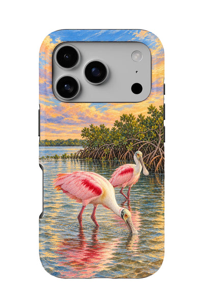 Ding Darling Roseate Spoonbills tough phone case, back view on white