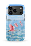 Everglades Spoonbill Flyover tough phone case, back view on white
