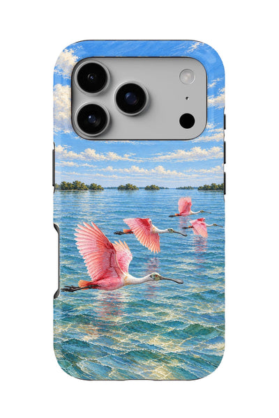 Everglades Spoonbill Flyover tough phone case, back view on white