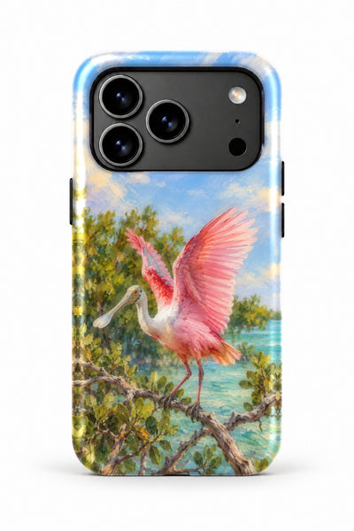 Keys Spoonbill Wingspread tough phone case, back view on white