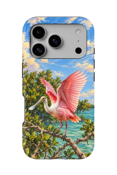 Keys Spoonbill Wingspread tough phone case, back view on white