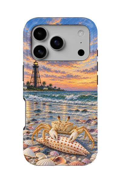Sanibel Ghost Crab & Junonia tough phone case, back view on white