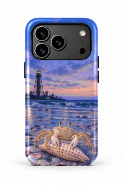 Sanibel Ghost Crab & Junonia tough phone case, back view on white