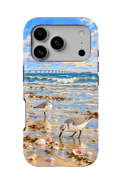 Sanibel Shell Line Sanderlings tough phone case, back view on white