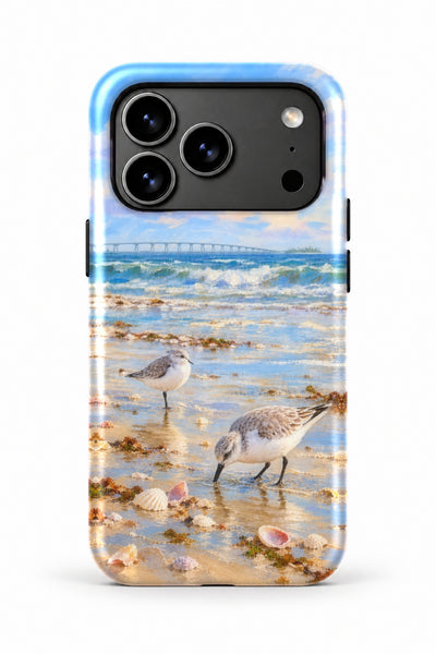 Sanibel Shell Line Sanderlings tough phone case, back view on white