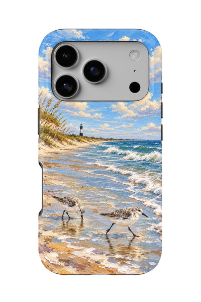 Tybee Sanderling Runners tough phone case, back view on white