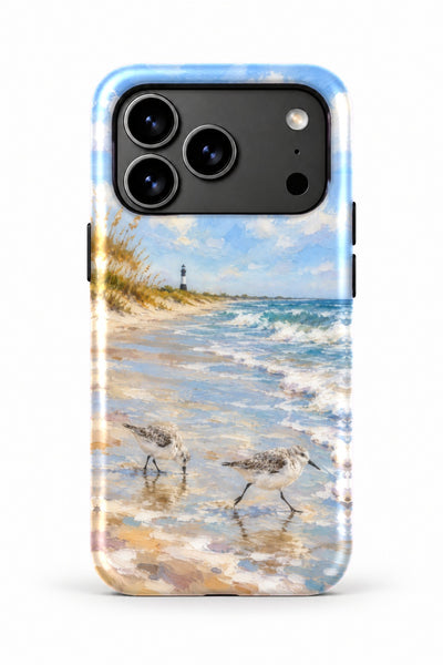 Tybee Sanderling Runners tough phone case, back view on white