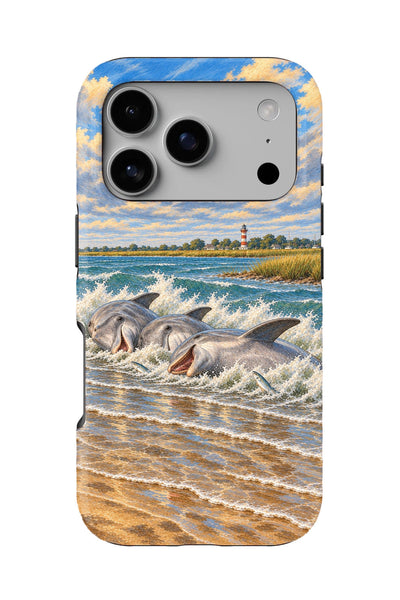Hilton Head Dolphin Trio on the Mudbank tough phone case, back view on white