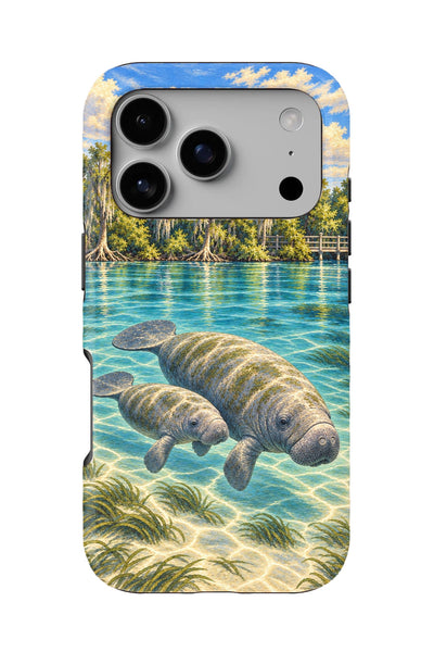 Crystal River Manatees in the Springs tough phone case, back view on white