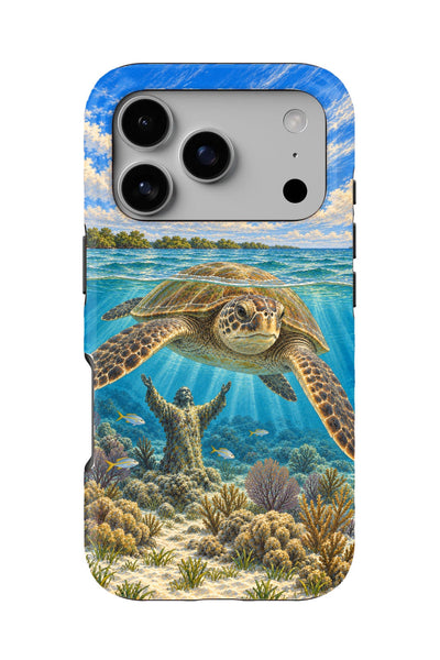 Key Largo Green Turtle tough phone case, back view on white